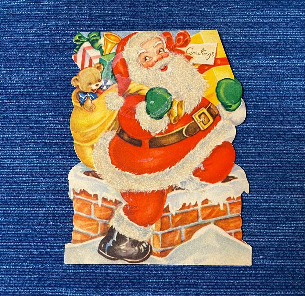 VTG Die Cut Christmas Card Visit From St. Nicholas Clement Clarke Moore Flocked
